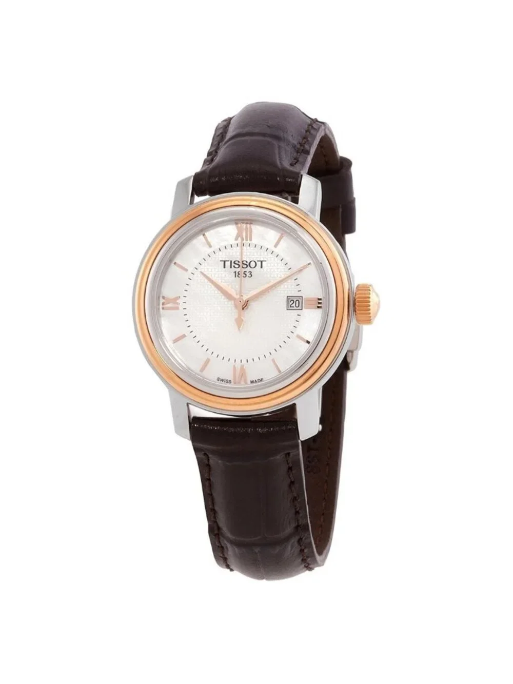 NWT Tissot Bridgeport Quartz White Mother Of Pearl Dial Brown Leather Band Stain